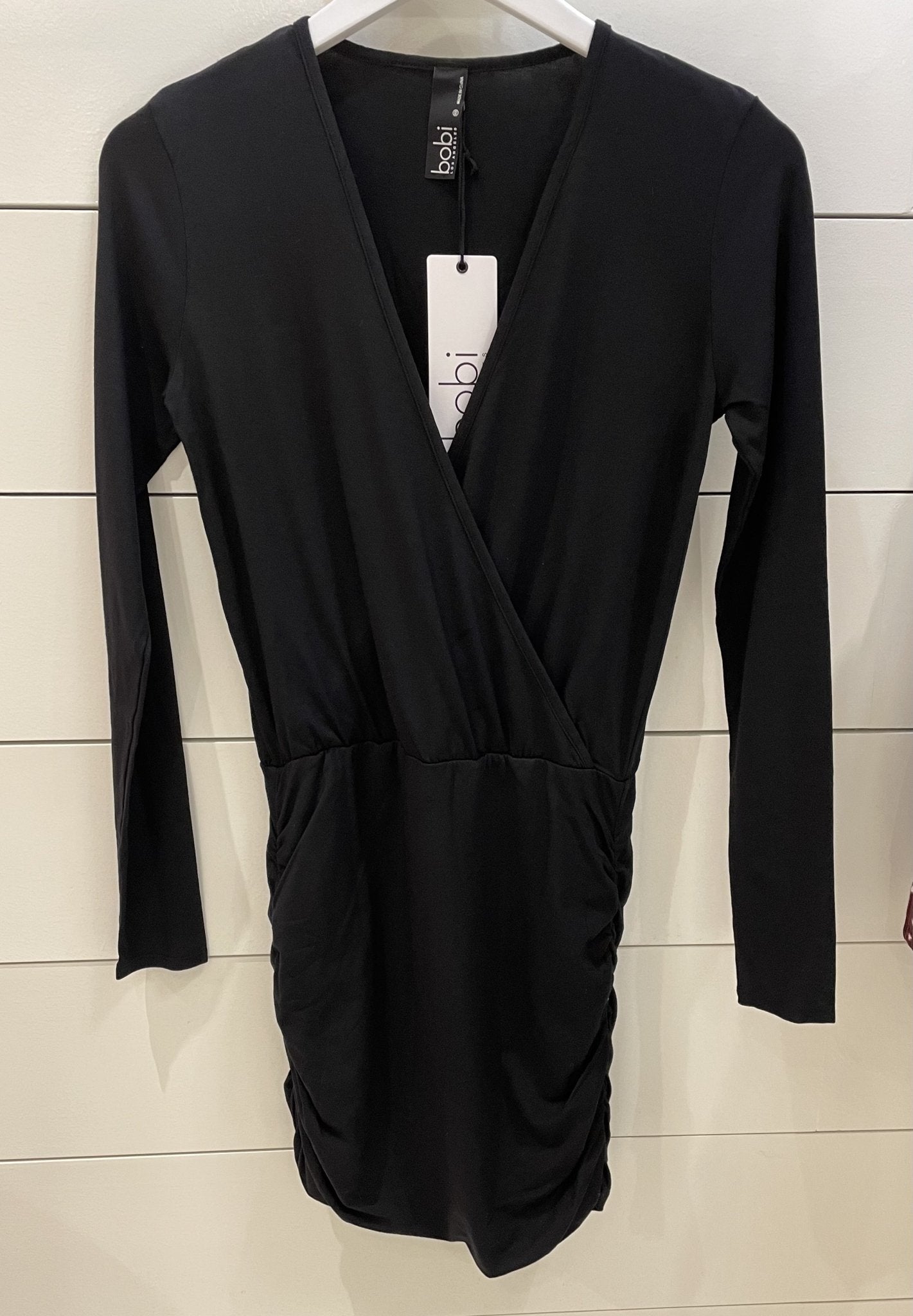 Long Sleeve Shirred Surplice Dress S / Black