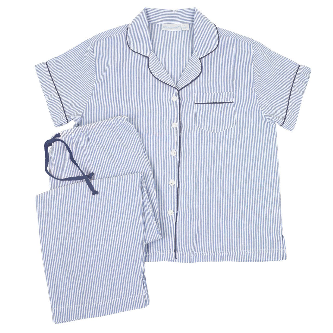 Blue Seersucker Short Sleeve Pajamas with Capri Pant - The Posh Loft