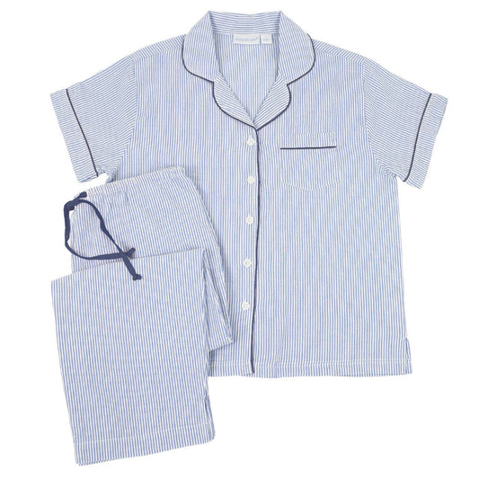 Blue Seersucker Short Sleeve Pajamas with Capri Pant - The Posh Loft