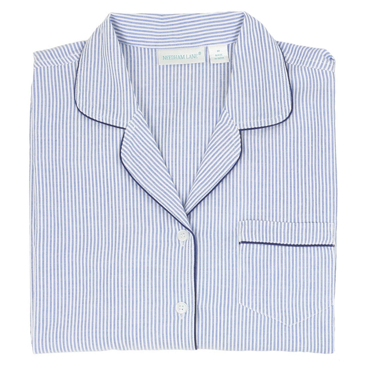 Blue Seersucker Short Sleeve Pajamas with Capri Pant - The Posh Loft