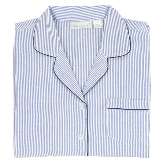 Blue Seersucker Short Sleeve Pajamas with Capri Pant - The Posh Loft