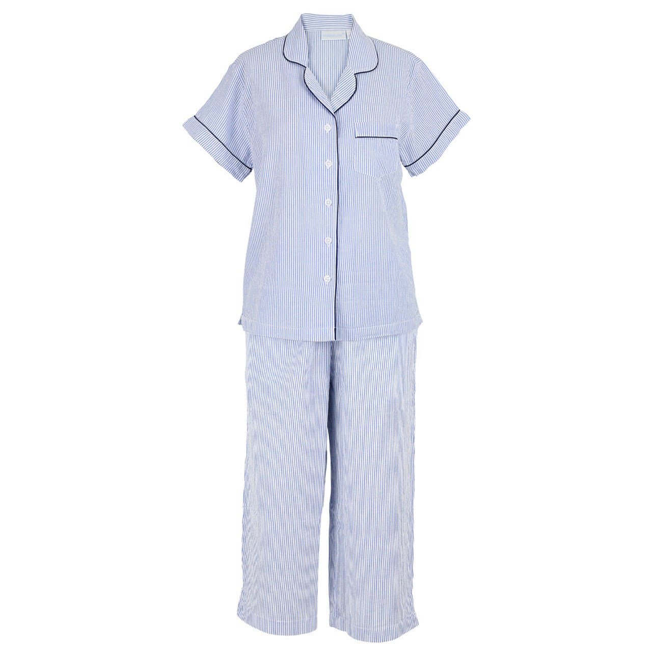 Blue Seersucker Short Sleeve Pajamas with Capri Pant - The Posh Loft