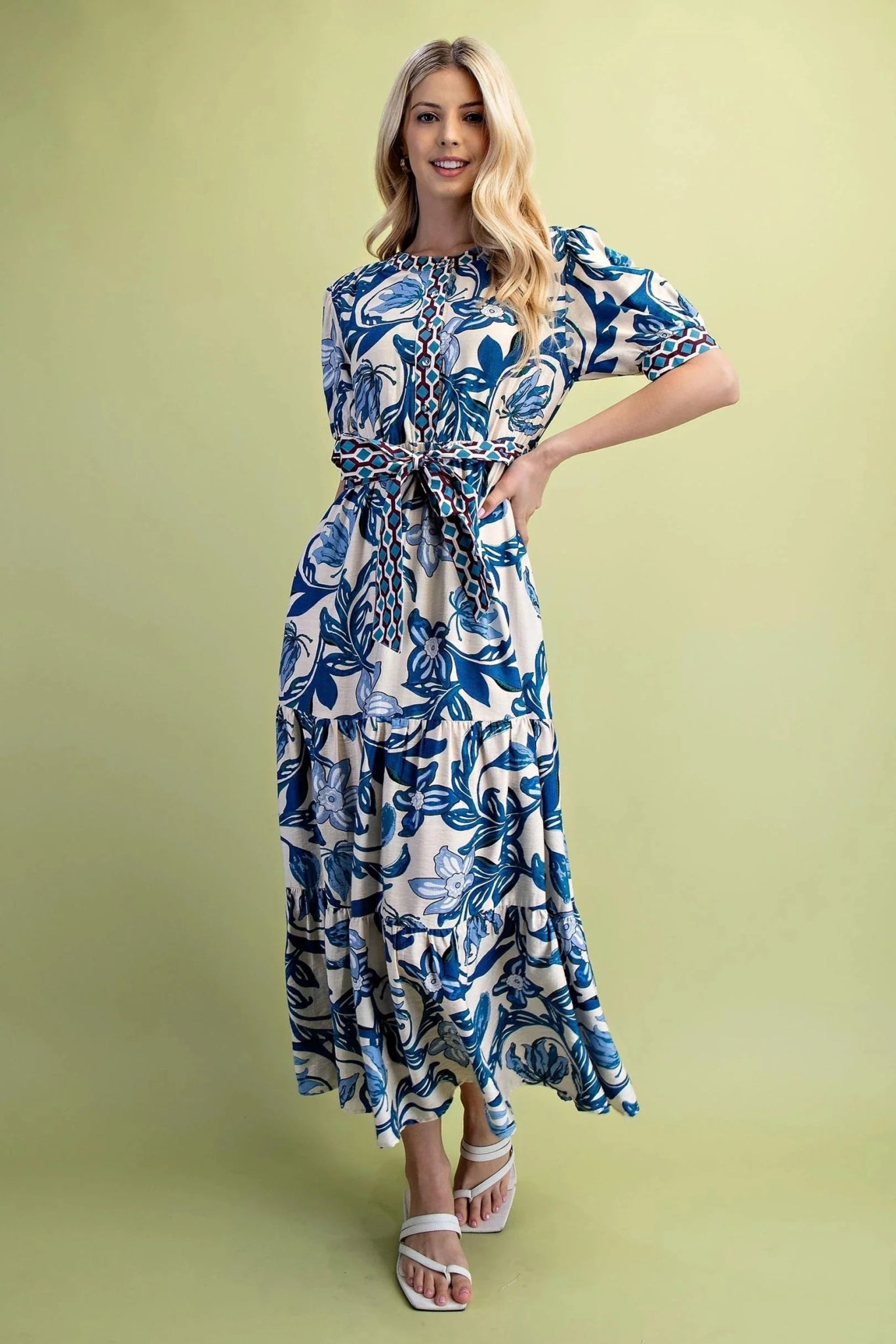 floral tiered dress Blue and White Maxi Dress Large