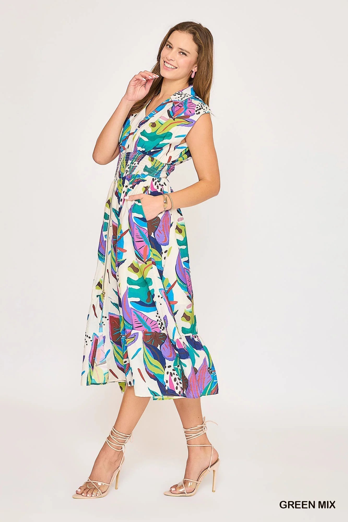 Leaf Print Collared Midi Dress L / Green Leaf Print Collared Midi Dress L / Green