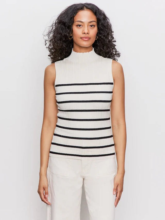 Ribbed Funnel Neck Top Light Oat/Black - The Posh Loft