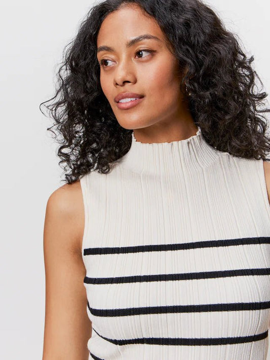 Ribbed Funnel Neck Top Light Oat/Black - The Posh Loft