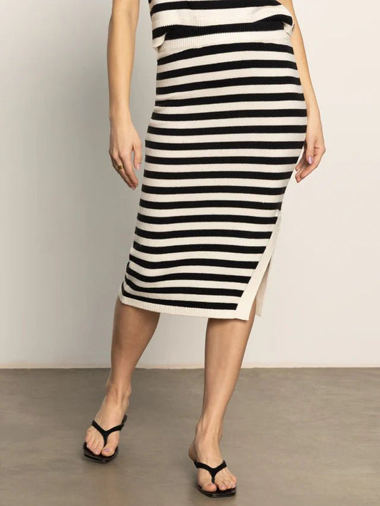 Side Slit Midi Skirt Black/Macrame Stripe - The Posh Loft