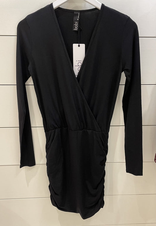 Long Sleeve Shirred Surplice Dress - The Posh Loft