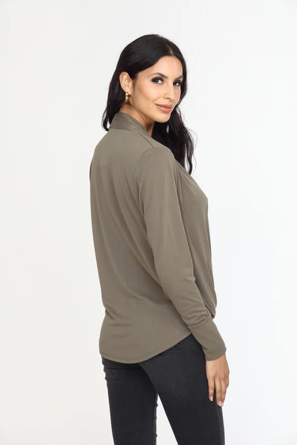 Olive Cupro Draped Surplice Top - The Posh Loft